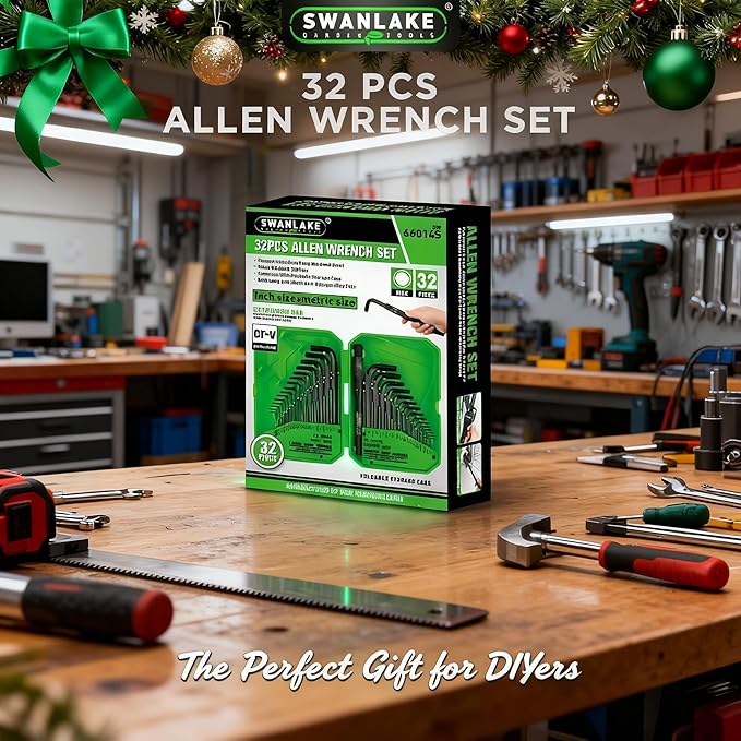 SWANLAKE GARDEN TOOLS 32-Piece Hex Key Allen Wrench Set, SAE and Metric Allen Keys MM(0.7mm-10mm) SAE(0.028"-3/8), L Shape, Chrome Vanadium Steel, Easy Organization
