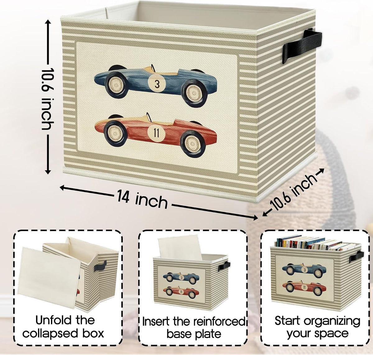 Race Car Boy Nursery Storage Bins Box with Handles, Vintage Race Car Neutral Striped Collapsible Basket Organizer for Kids Toddler Boys Room Bedroom Playroom Bathroom Toys Books Clothes