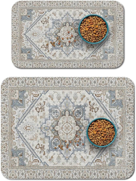 2 Pack Dog Food Mats for Floors, Absorbent and Quick-Drying Pet Cat Food Mat,Anti-Fouling and Easy-to-Clean Pet Feeding Mat,Dog Bowl Mat for Messy Drinking Water Bowls.12 x20+18"x24", Bohemia Style