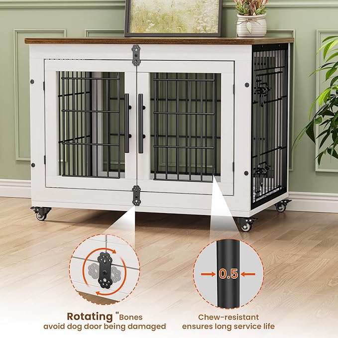 Lulive Dog Crate Furniture for Medium Dogs, 32'' Dog Kennel Indoor with Cushion & Wheels Wooden Dog Cage Double Doors Dog Crate End Table, White