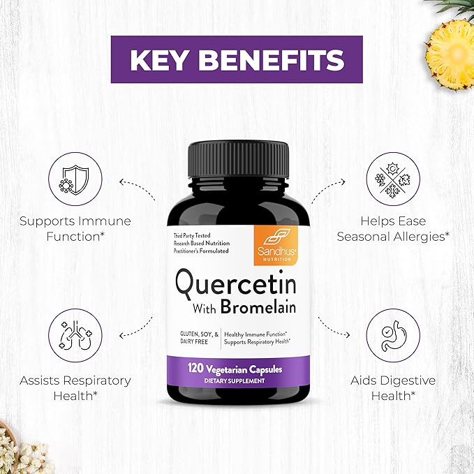 Sandhu's Quercetin with Bromelain 1000mg Per Serving 120 Count (Pack of 2) Vegetarian Capsules Bioflavonoids Supplement Complex Supports Immune & Respiratory Health