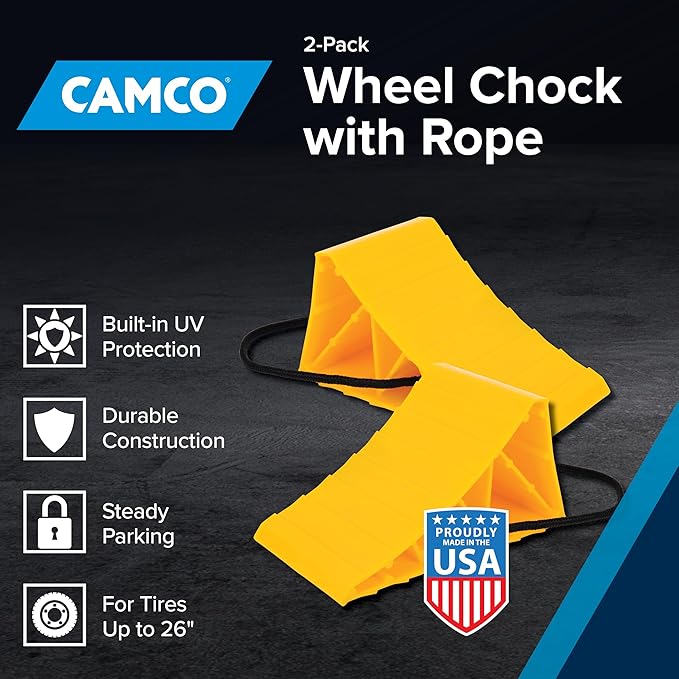Camco Camper & RV Wheel Chock with Rope - Keeps Trailer in-Place to Safely Unhitch or Park - Compatible with Wheels Up to 26” in Diameter & Molded of Heavy-Duty Hard Plastic - 2-Pack - 44471