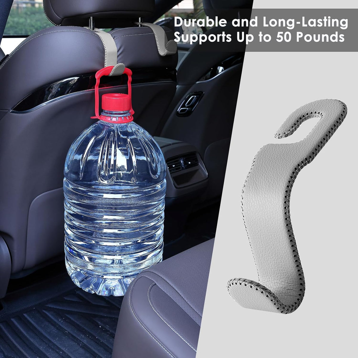 AMVOYOA Leather Car Seat Hooks - U-Shaped Purse Holder for Car, Fully Leather-Wrapped Headrest Hooks for Purses, Bags & Coats, Durable Seat Back Organizer for Travel & Daily Use (Gray, 2 Pack)