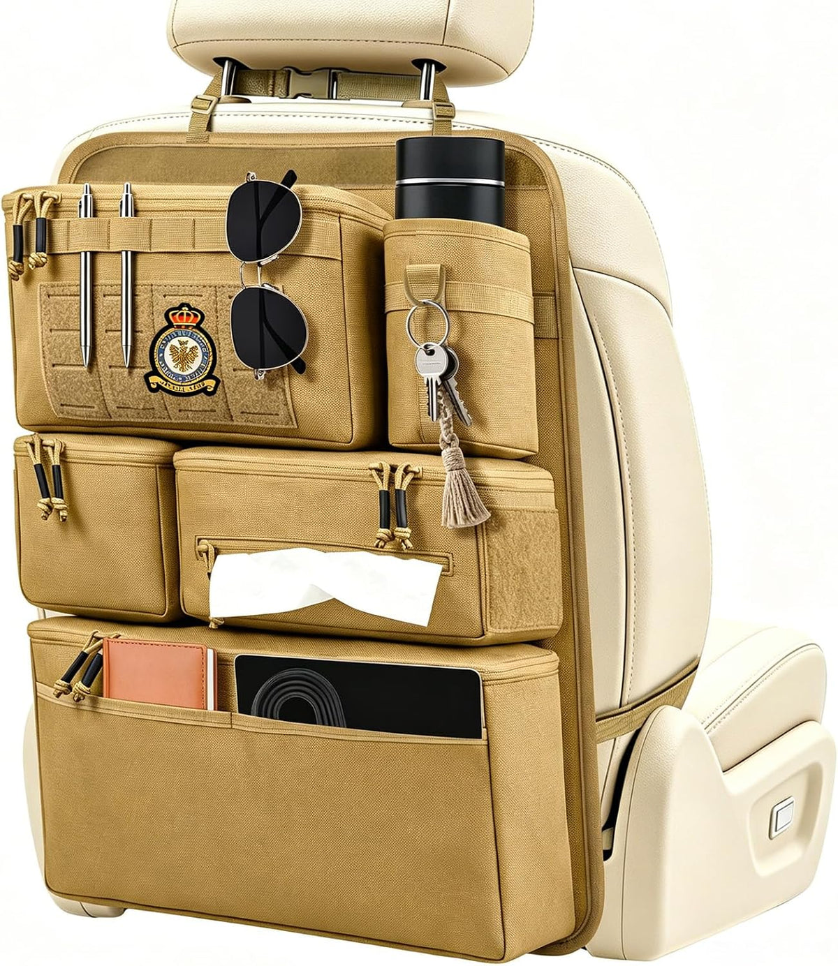 Universal Car Seat Back Organizer with 7 Storage Pockets, Khaki