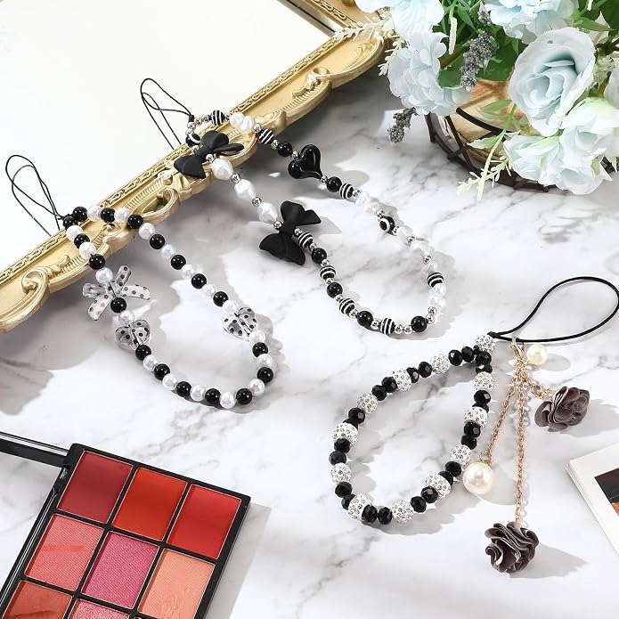 Ecally 3 Pcs Phone Charms Strap Camera Charm Strap Pearl Beaded Butterfly Bow