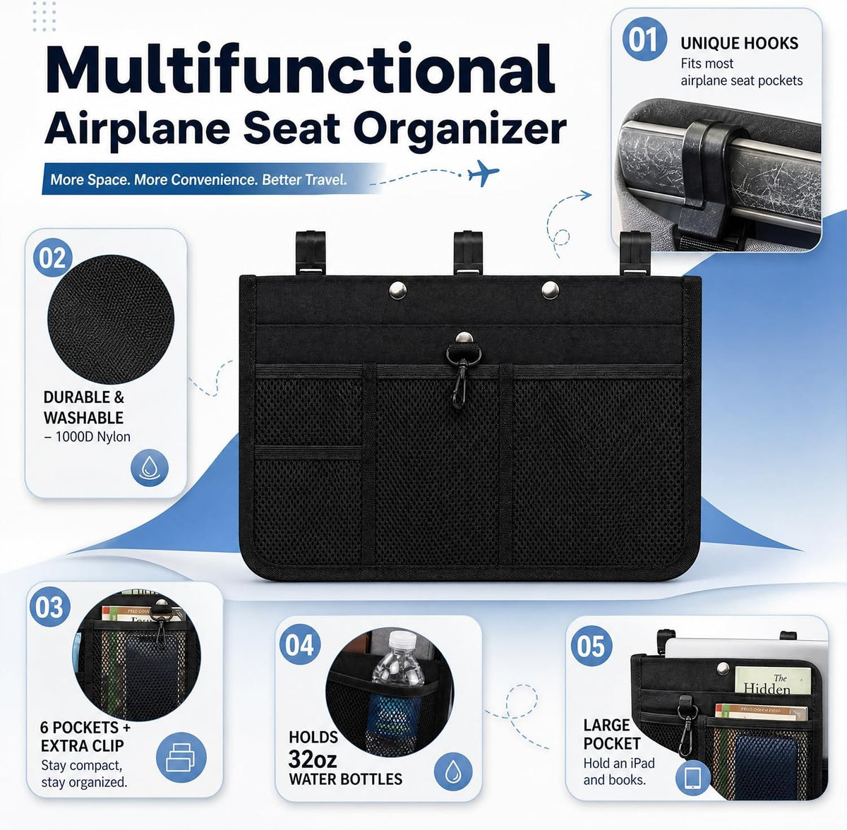 Airplane Seat Organizer Clips onto Airplane Seat Pocket - Travel Essentials Seat Storage Organizer - Seatback Organizer Bag International Trip Accessories Must Haves (15 x 9 Inches)