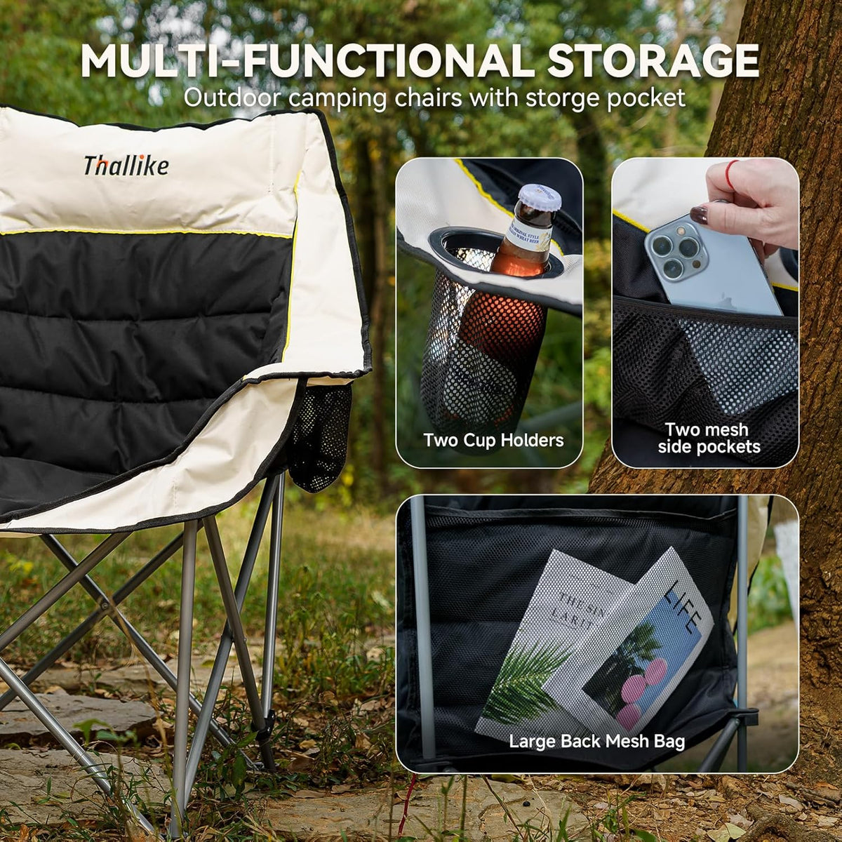 Skiennix Oversized Camping Chair - Heavy Duty Folding Chair with Cup Holders & Storage Pocket | Supports 400lbs