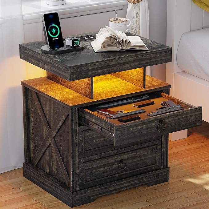 HNEBC Nightstand with Gun Drawers, LED Farmhouse Night Stand with Charging Station, Smart End Table with 3 Color Auto Light, Bedside tabel with Hidden Compartment for Bedroom Furniture-Brown