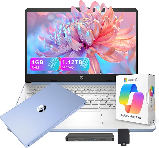 HP Stream 14" HD Laptop with AI Copilot for Student & Business, Intel Processor N150, 4GB RAM, 1.12TB Storage (128GB UFS + 1TB Docking Station), 1 Year Office 365, 720p Webcam, Win 11, Sky Blue