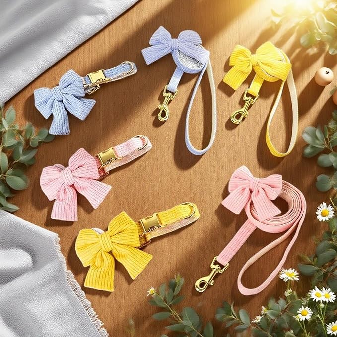 Dog Collar and Leash Set with Bowtie, Girl Dog Collars Metal Buckle Adjustable for Small Medium Dogs (Yellow, S: Neck 10"-16" Leash 5 FT)