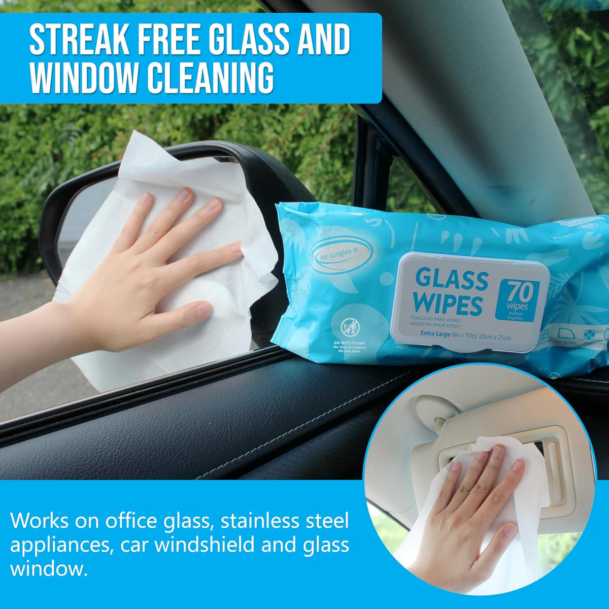 Air Jungles Glass &amp; Window Cleaner Wipes 70 Count, XL 8x10 Inch | Ammonia-Free, Streak-Free, Safe For Car Windshield, Headlight, Mirror, Tile &amp; Home Glass, Removes Fingerprints, Dust, Dirt