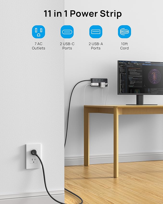 TROND Power Strip Surge Protector 10ft, ETL Listed, Flat Plug Extension Cord with 2 USB-A & 2 USB-C, Wall Mountable, 7 Widely-Spaced Outlets, 1700J, for Home Office Garage, Black