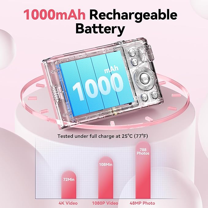 Digital Camera 4K for Kids: 48MP Pink Camera for Teens Photography