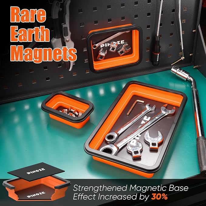 Collapsible Magnetic Parts Organizer Trays & 12" Flexible Magnetic Pickup Tool, 3 Different Size Magnet Tool Trays & Pick-Up Sweeper for Screw, Bolts, Nuts, Washers, Pins and Other Metal Parts