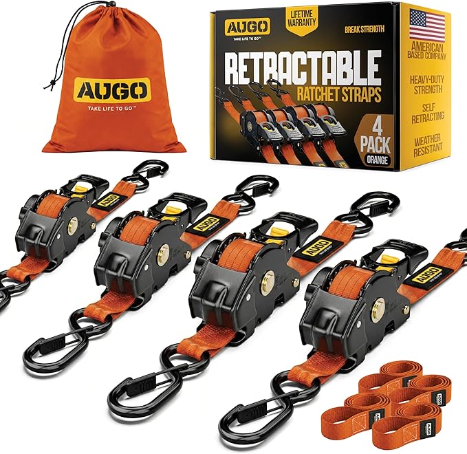 AUGO Retractable Ratchet Straps | 4 Heavy Duty Self Retractable Tie Down Straps with Soft Loops & Storage Bag for Motorcycle, Truck, Trailer, Cargo Van | 1200 Lb Break Strength 1' x 10'