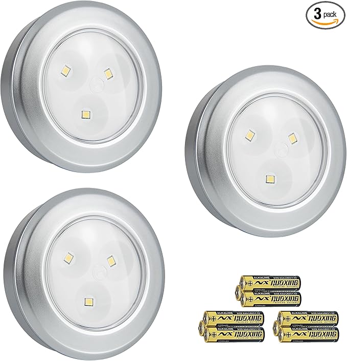Wireless LED Puck Lights, Touch Activated Tap Ligh Push Light, Battery Operated Stick On Lights for Under Cabinet, Kitchen, Closet & Counters, 3-Pack, Silver (Included 3AAA Batteries)