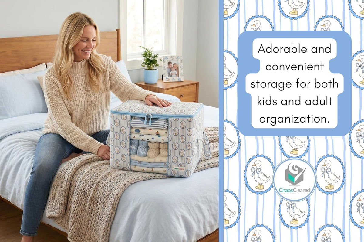 Chaos Cleared Kids Storage Bags – 100% Cotton Canvas Toy & Clothes Organizer with Cute Design – Storage Bin for Stuffed Animals, Baby Items & Clothes with Zipper & Handles (Blue Duck Print)