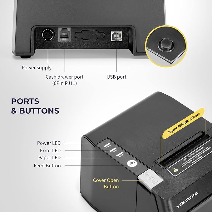 Volcora Thermal Receipt Printer, 80mm POS Printer w/Auto Cutter, USB/Bluetooth