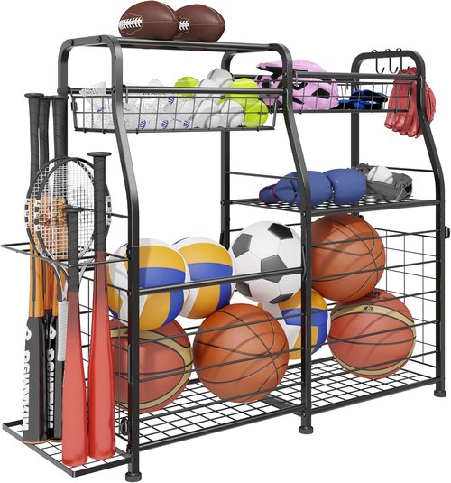 Garage Sports Equipment Organizer - Mobile Ball Storage Rack with Elastic Rope | Indoor/Outdoor Gear Storage, Black