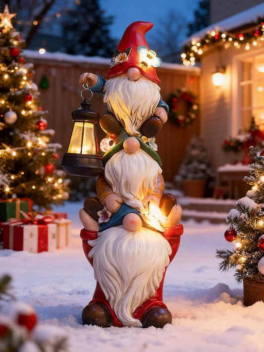17 in Large Garden Gnome Statue with Solar Lights Sculptures Funny Triple Big Gnome Outdoor Patio Lawn Yard Balcony Garden Home Decor Gifts for Women Mom