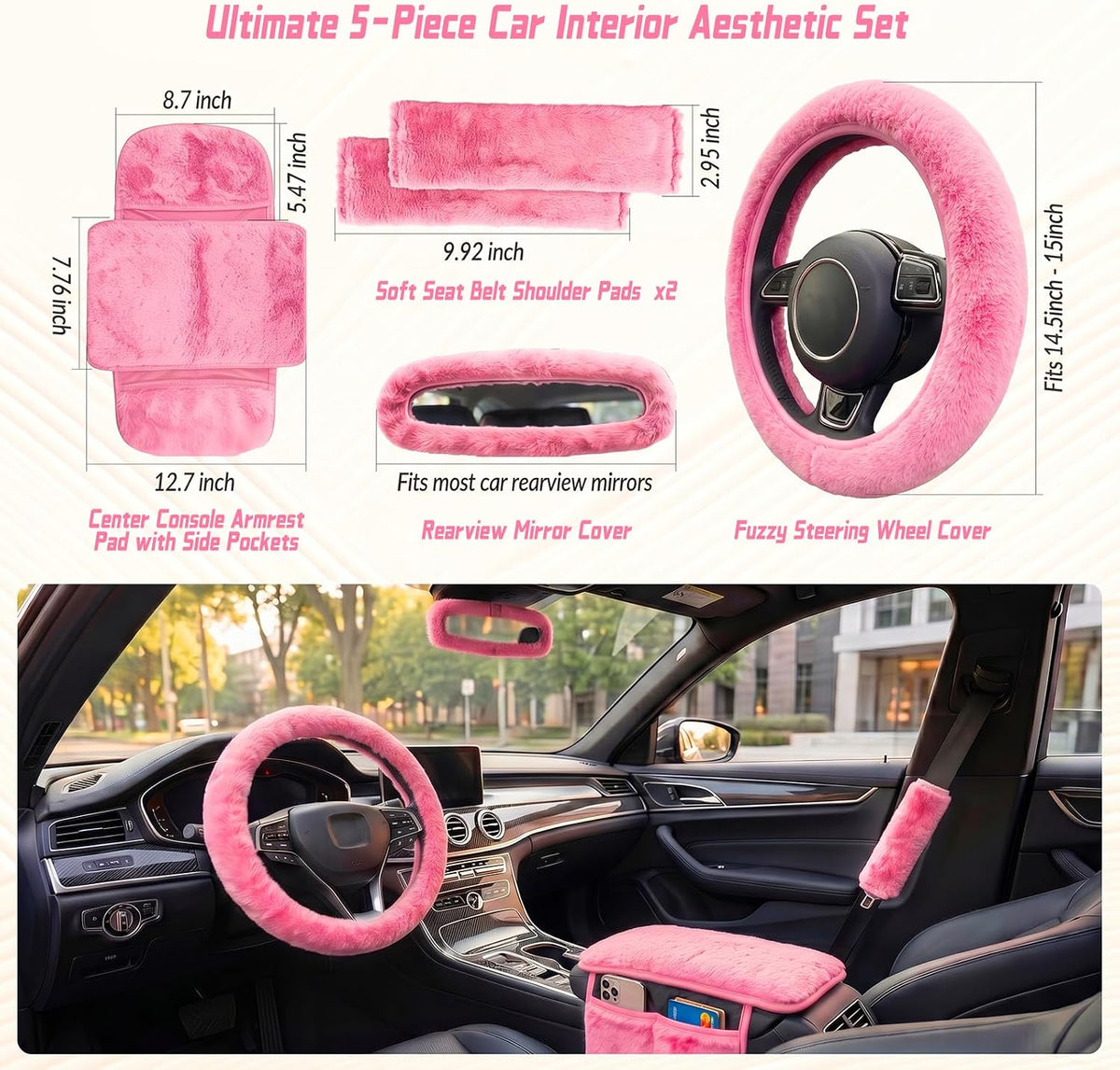 5 Pcs Fuzzy Pink Color Car Accessories Set, Soft Fluffy Plush Steering Wheel Cover, Center Console Armrest Pad & Rearview Mirror Cover - Interior Decorations for Women,Universal Fit (Pink)
