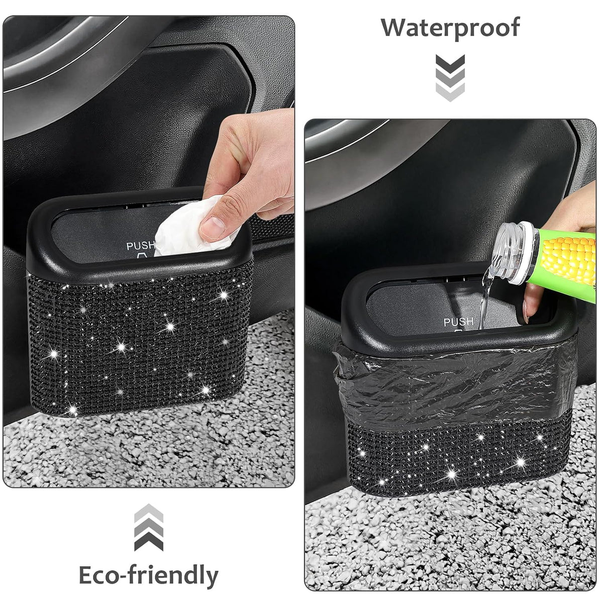 Accmor Bling Car Trash Can with Lid, Mini Auto Garbage Storage Bin with 60pcs Garbage Bags, Sparkling Crystal Trash Bags Holder Dustbin Vehicle Accessories Container Organizer (Black Rhinestone)