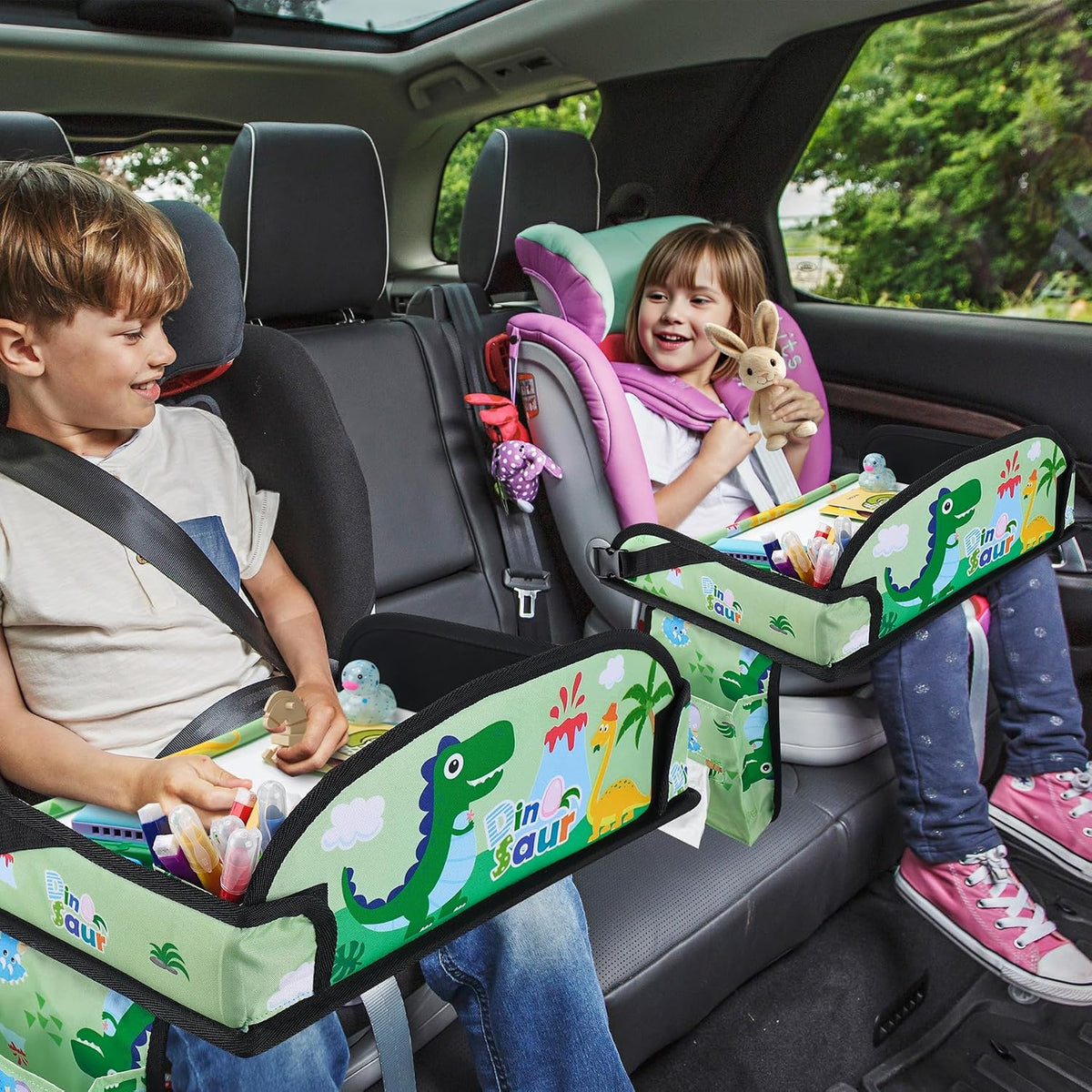 Kids Travel Tray, Kids Travel Trays for Car Seat, Road Trip Essentials for Toddler, Carseat Lap Tray with Dry Erase Board & Storage Organizer for Road Trip Activities for Kid, Green