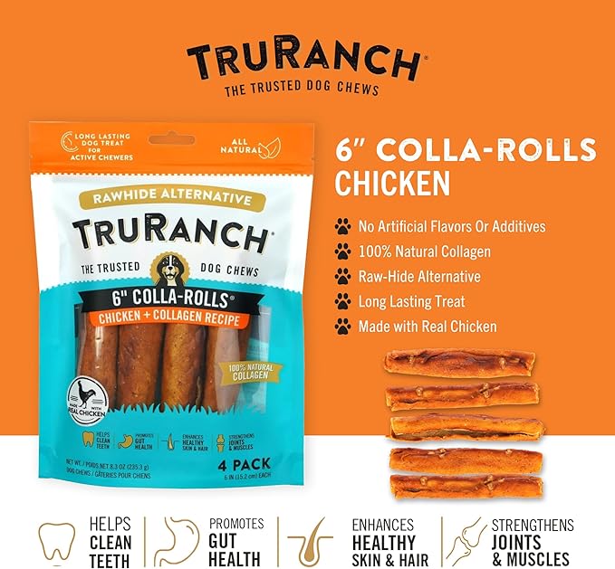 Collagen Rolls - 6" Collagen Rolls for Dogs - Long Lasting Healthy Joint Support - Rawhide Alternative - Skin & Coat Health - Made with Real Chicken, Value Pack, 3 Bags, 12 Count