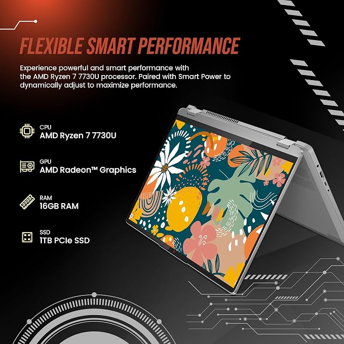 Lenovo IdeaPad Flex 5 2-in-1 Laptop, 16" WUXGA Touchscreen, AMD Ryzen 7 7730U, 16GB RAM, 1TB SSD, AMD Radeon Graphics, Fingerprint Reader, Wi-Fi 6, Win 11 Pro, Grey, 128GB Hotface USB Card