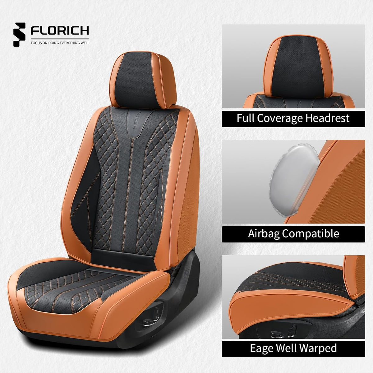 FLORICH Leather Seat Covers for Cars Front Car Seat Cover Premium Automotive Seat Covers Waterproof Car Seat Cushion Protector Universal Fit for Most Cars SUV Trucks, Brown&Black
