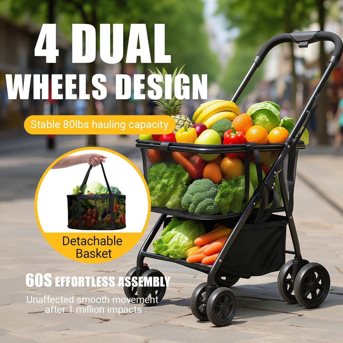 Folding Shopping Cart with Wheels, 80lbs Capacity Shopping Carts for Groceries, Detachable Baskets & 360°Swivel Wheels Collapsible Shopping Carts with Double Basket for Laundry, Camping, Transport