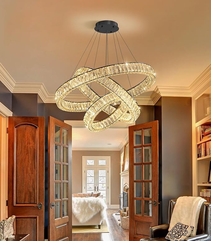 HAIXIANG Modern Glam Chandelier Crystal LED Remote Rings Chandelier Adjustable