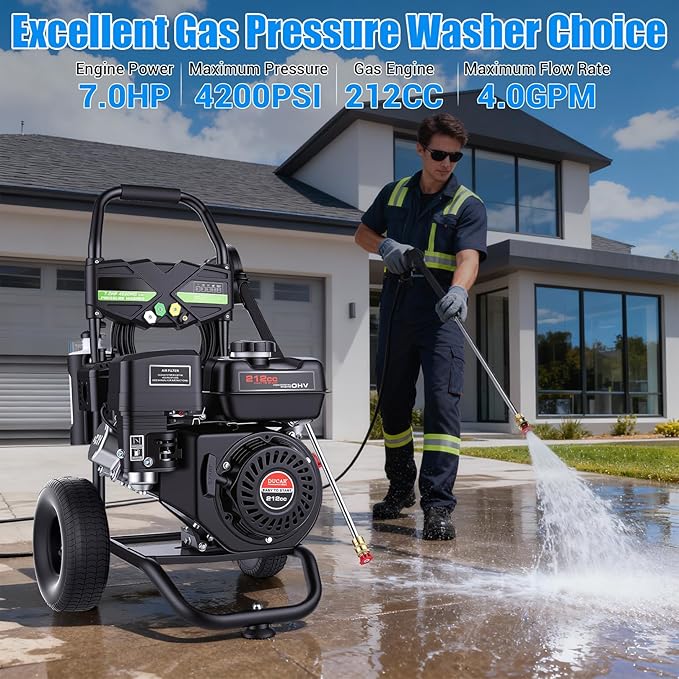 4200PSI Gas Pressure Washer 4.0GPM Gas Power Washer 212CC Gas Powered Washing Machine Commercial High Pressure Washer with 25ft Hose&5 Nozzles for Patio Garden Yard Vehicle,EPA/CARB/ETL (Black)