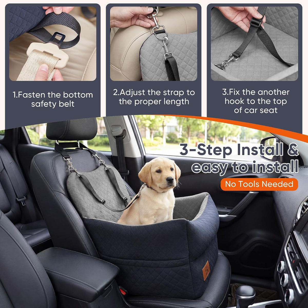 Elevated Dog Car Seat for Small & Medium Dogs Up to 35lbs - Washable Memory Foam Portable Dog Booster Seat, Senior & Puppy Pet Travel Bed for Car (Black/Grey)