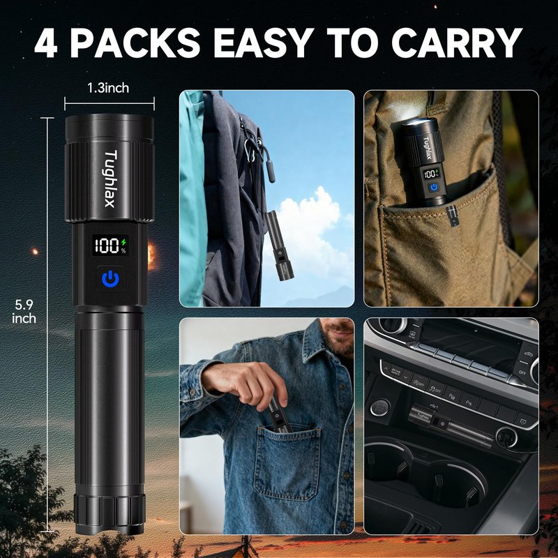 Tughlax 4Pack Rechargeable Flashlights High Lumens 10000LM, Super Bright Flashlight with LCD Digital Display, 5 Modes Adjustable Flash Light, LED Flashlight Powerful, Tactical Flashlights for Home