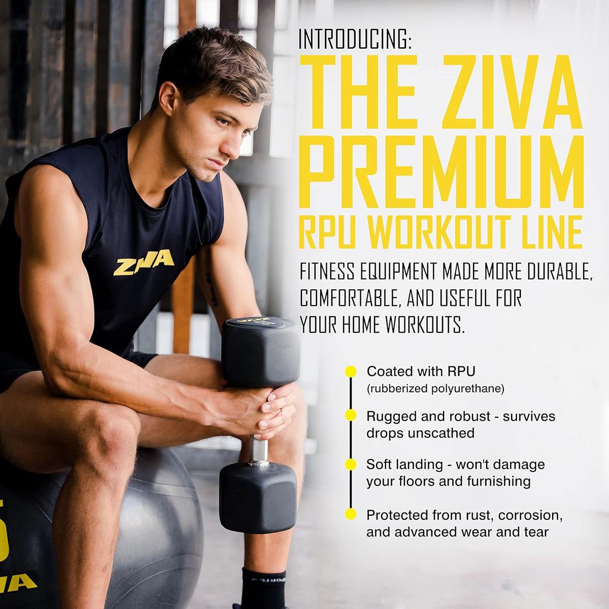 ZIVA Premium Hex Dumbbells - Commercial Grade Rubber Urethane Coated Free Weights for Home Gym | Durable Steel Core, Sold in Pairs and Sets