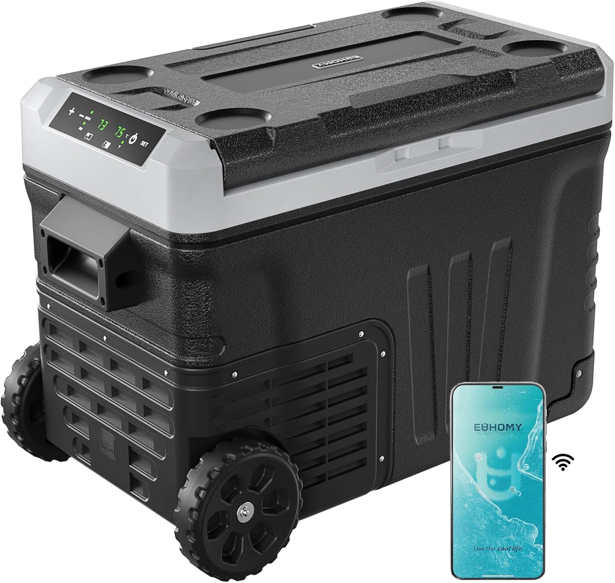 EUHOMY 12 Volt Refrigerator, 35QT(33L) Dual Zone Electric Cooler, Portable Freezer 12V/24V DC 110-240V AC, 12V Fridge -4℉~68℉, 12V Cooler with Wheels & Basket for Travel, Truck, Camping, Boat
