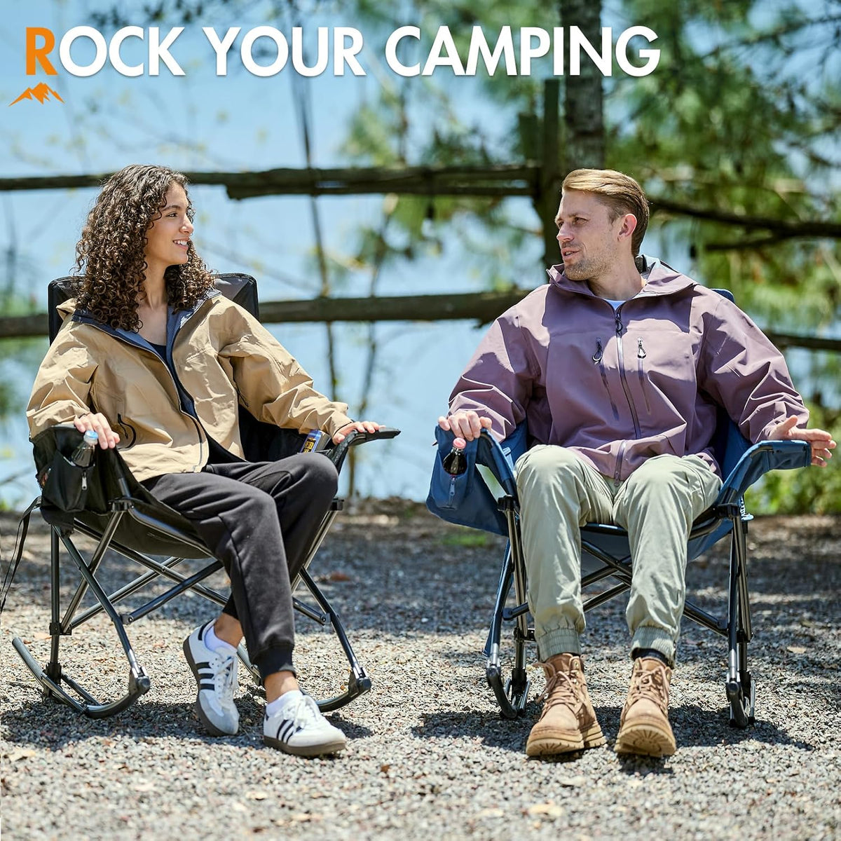 Portal Outdoor Rocking Chair Camping Folding Portable Rocker with Cup Holder Side Pocket Carry Bag, Support 350LBS, Blue