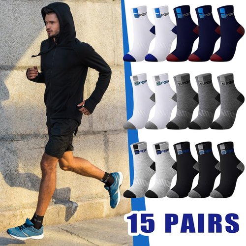 Bencailor 15 Pairs Mens Crew Socks Breathable Athletic Lightweight Sport Comfort Socks for Men(White, Black, Blue, Gray,9-12)