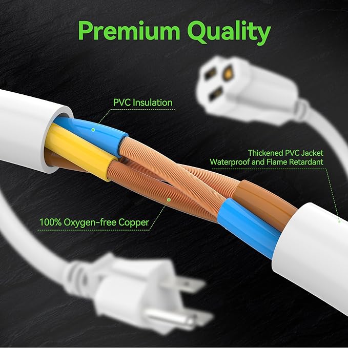 2 Pack Power Extension Cord 1FT/12Inch, Short 3 Prong Electric Extension Cable Outlet Saver, Single Outlet, Heavy Duty, Waterproof, Flexible, 16 AWG, 13A 125V, Outdoor & Indoor Extender Wires(White)