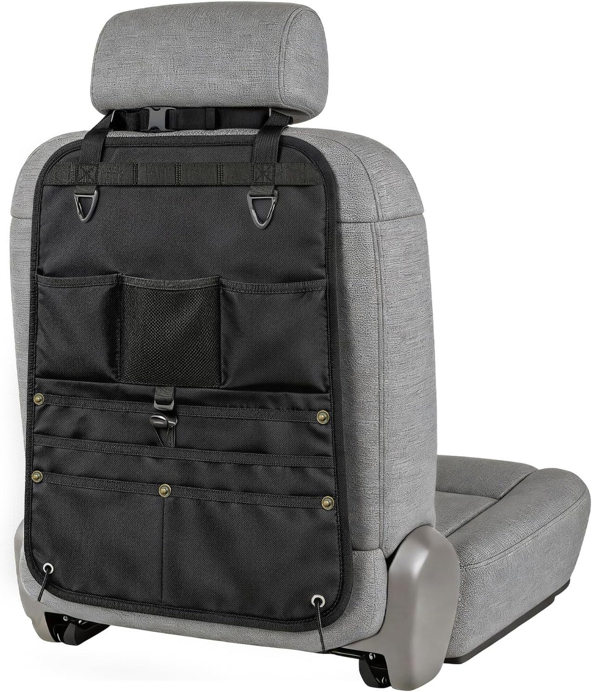 1 Pack Backseat Car Organizer, Heavy Duty Nylon Seat Back Organizer with 7 Storage Pockets, Anti-Swing Straps & Modular Webbing Panel for Cars, Work Trucks, SUVs, and Pickups