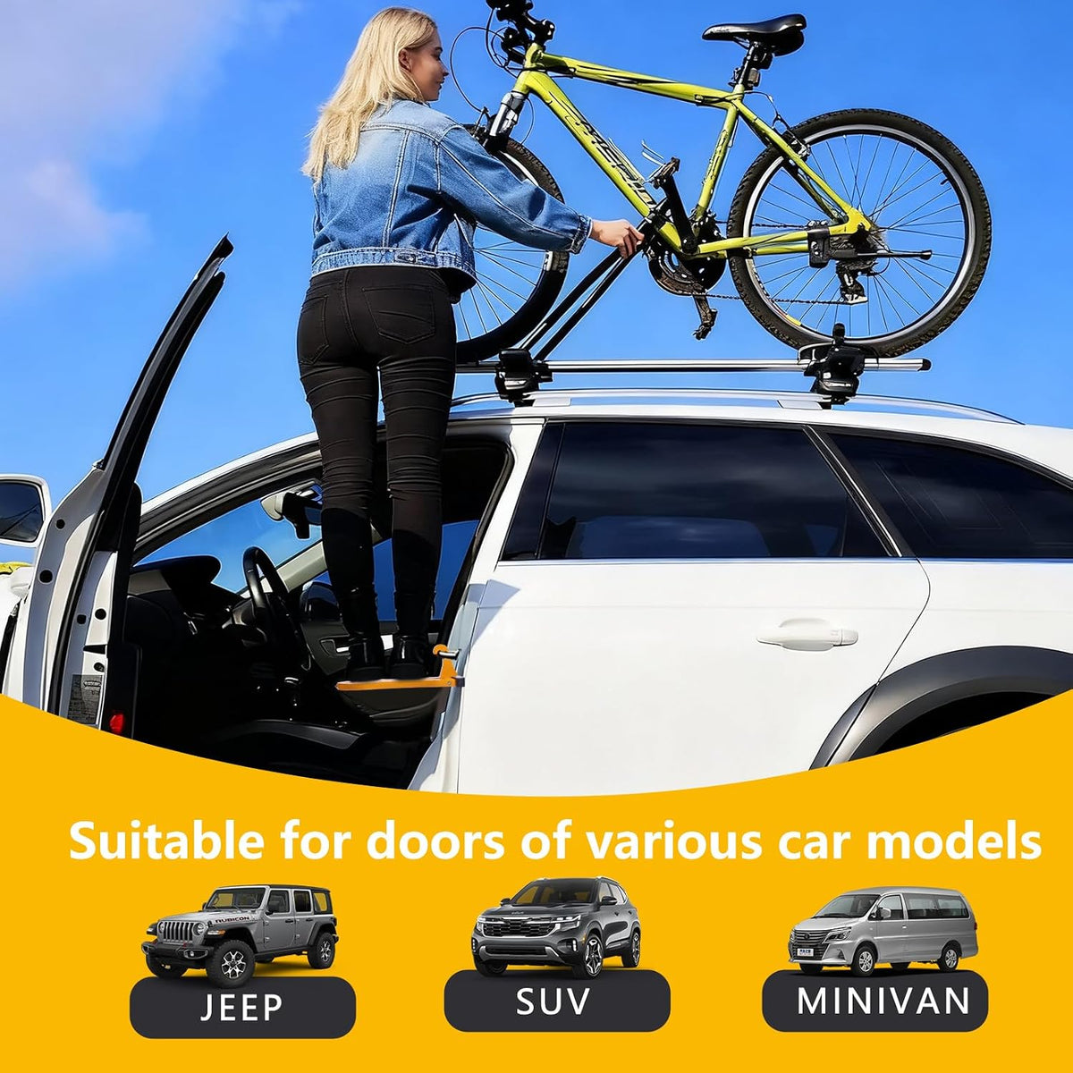 Car Door Step, Folding Aluminum Alloy Step with Window-Breaking Hammer & Escape Tool, Universal Fit Roof Rack Access for Most Cars/SUVs/Trucks, Max Load 400 lbs(Long)