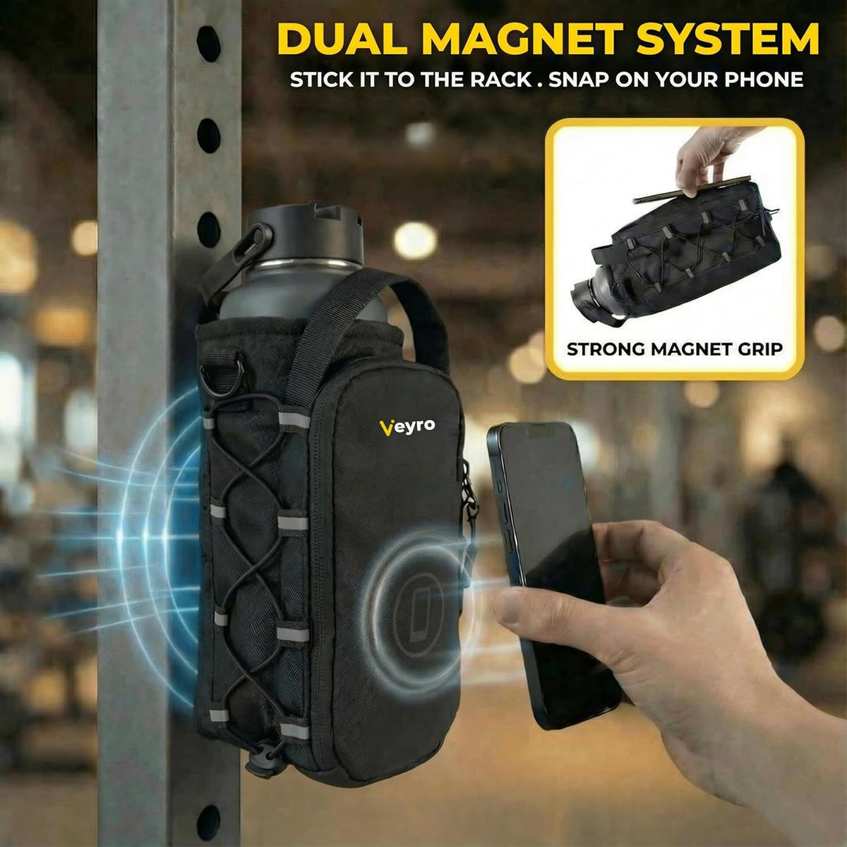 Veyro Magnetic Gym Bag - Strong Magnetic Phone Holder & Compact Crossbody Pouch - Black