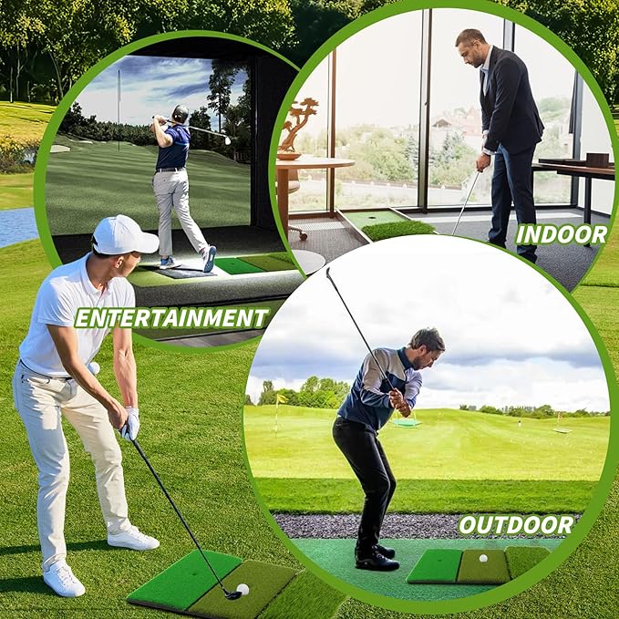 Jkwokback 3-in-1 Golf Hitting Mat | Turf Golf Practice Mat for Swing, Putting & Chipping | Portable Golf Mats Practice Indoor/Outdoor Golf Hitting Mat with 8 Tees Golf Training Mat