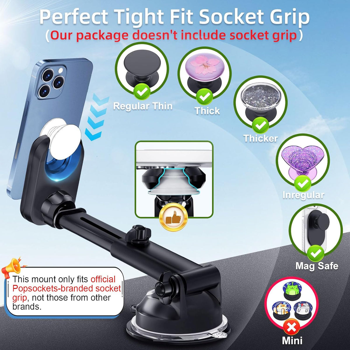 pop-tech Car Phone Mount for Pop Socket: Suction Cup Cell Phone Holders for Automobile Dashboard Windshield Window - Dash Mounted Cellphone Stand Black Fits Thick Socket Wallet Grip for iPhone Samsung