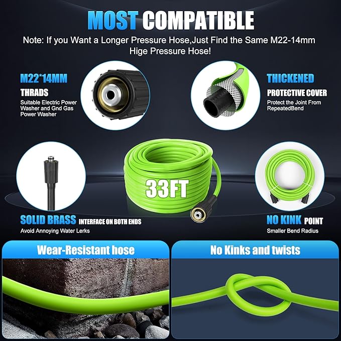 Adjustable Electric Pressure Washer 5000PSI with 33FT Flexible Extension Hose + 34FT Power Cord, 4 Nozzles, Foam Cannon, Best Power Washer for Cars, Patios, Driveways, Blue
