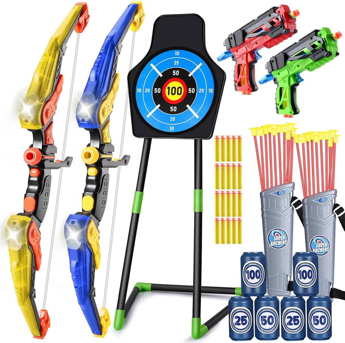 Skiennix Bow and Arrow Toy Set - 2 Pack with 24 Suction Cup Arrows & Target | Indoor/Outdoor Sports Gift for Ages 4-12