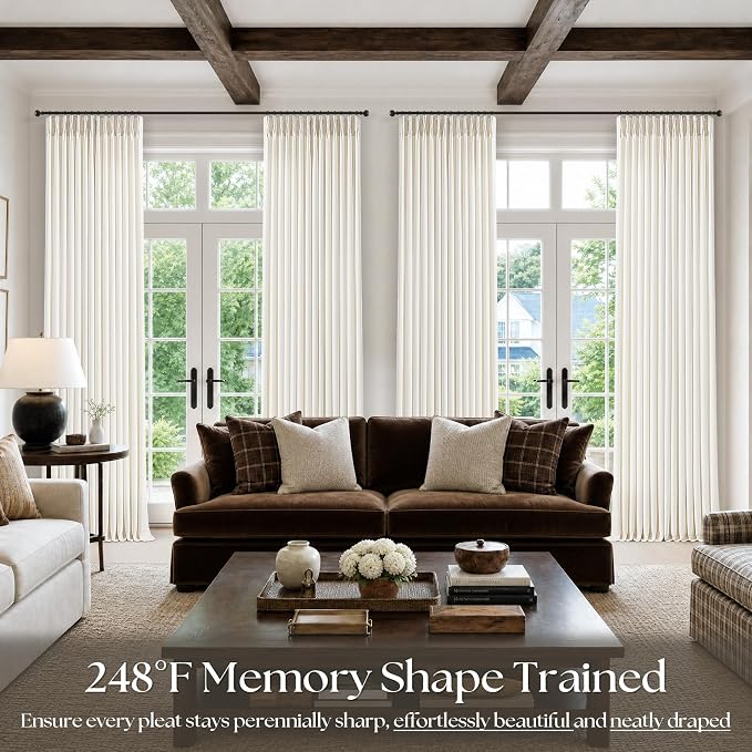 Pinch Pleated Thick Linen Curtains 96 Inch 4 Panels Set Ivory Cream Memory