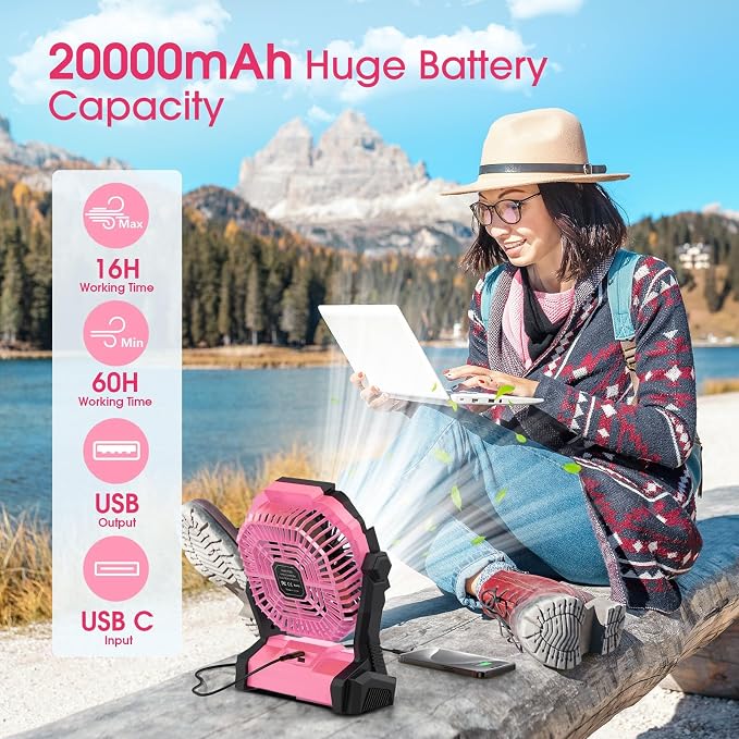 ONLYNEW Portable Fan Rechargeable, 20000mAh Cordless Battery Powered Table Fan with LED Lantern, USB C Battery Operated for Camping Tent Office Beach Desk Fishing Travel Home
