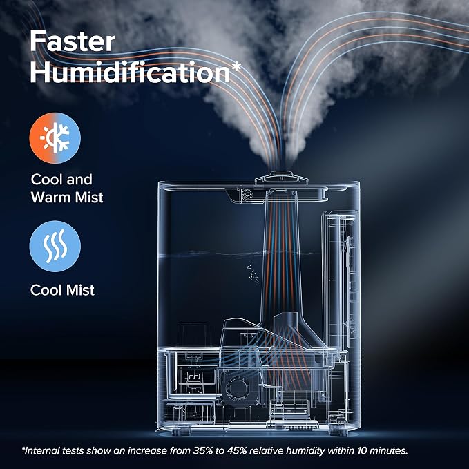 LEVOIT 6L Smart Warm and Cool Mist Humidifiers for Home Bedroom, 60H Runtime and Auto Customized Humidity for Large room, Schedule, Easy Top Fill, Essential Oil Diffuser, Whisper-Quiet, Handle, Black